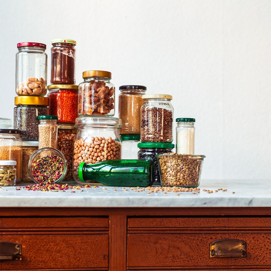 Household items that are messily arranged on a shelves serving as sensory object for children