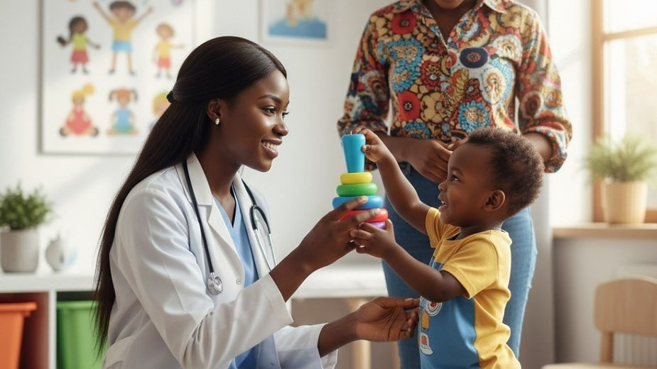 Developmental psychologist smiles, kneeling and playing with a toddler stacking rings. Mother watches happily. 