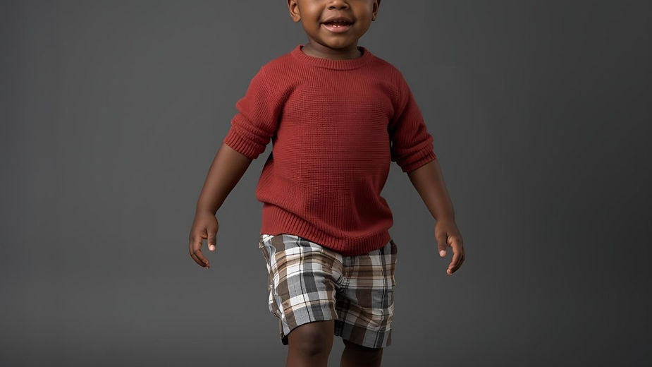 Toddler in a red sweater and plaid shorts walks TOE-GAIT on a gray background.