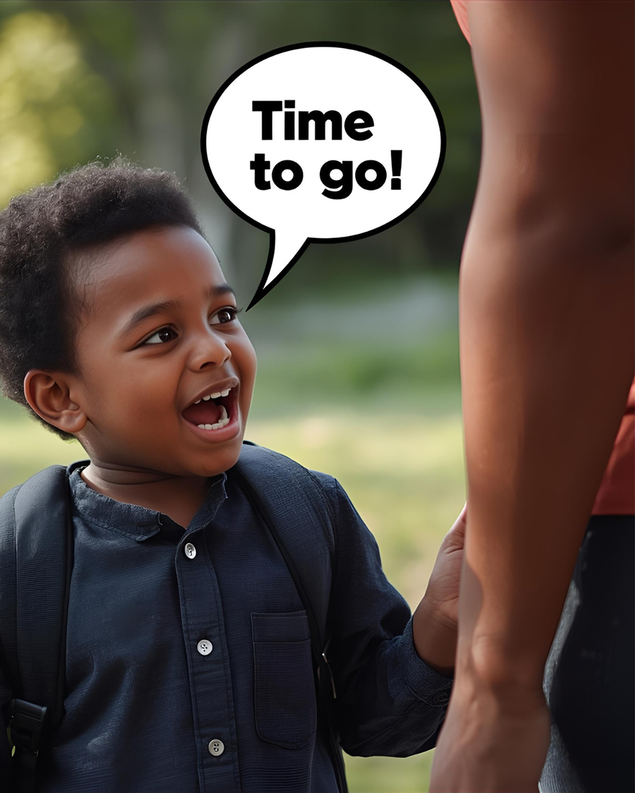 A child with a backpack says "Time to go!" to an adult.