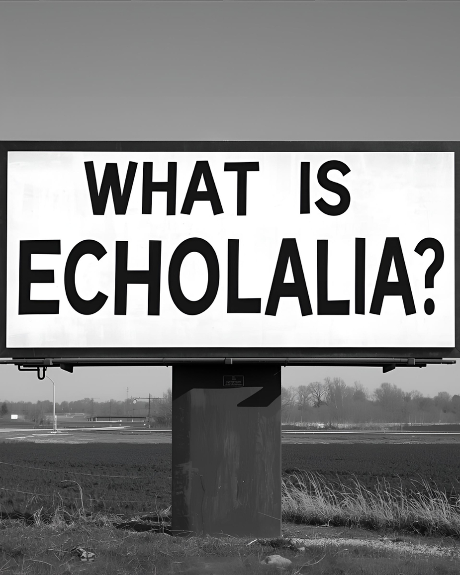 A billboard displays a text "WHAT IS ECHOLALIA?"
